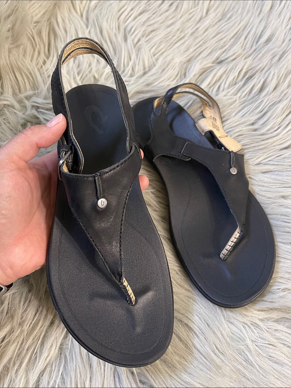 OluKai Black Slingback Thong Sandals